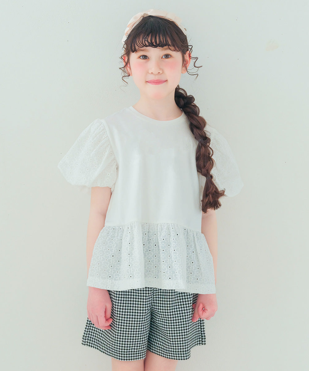 ギンガムチェック リボンつき ストレッチツイルショートパンツ White/Black model image up