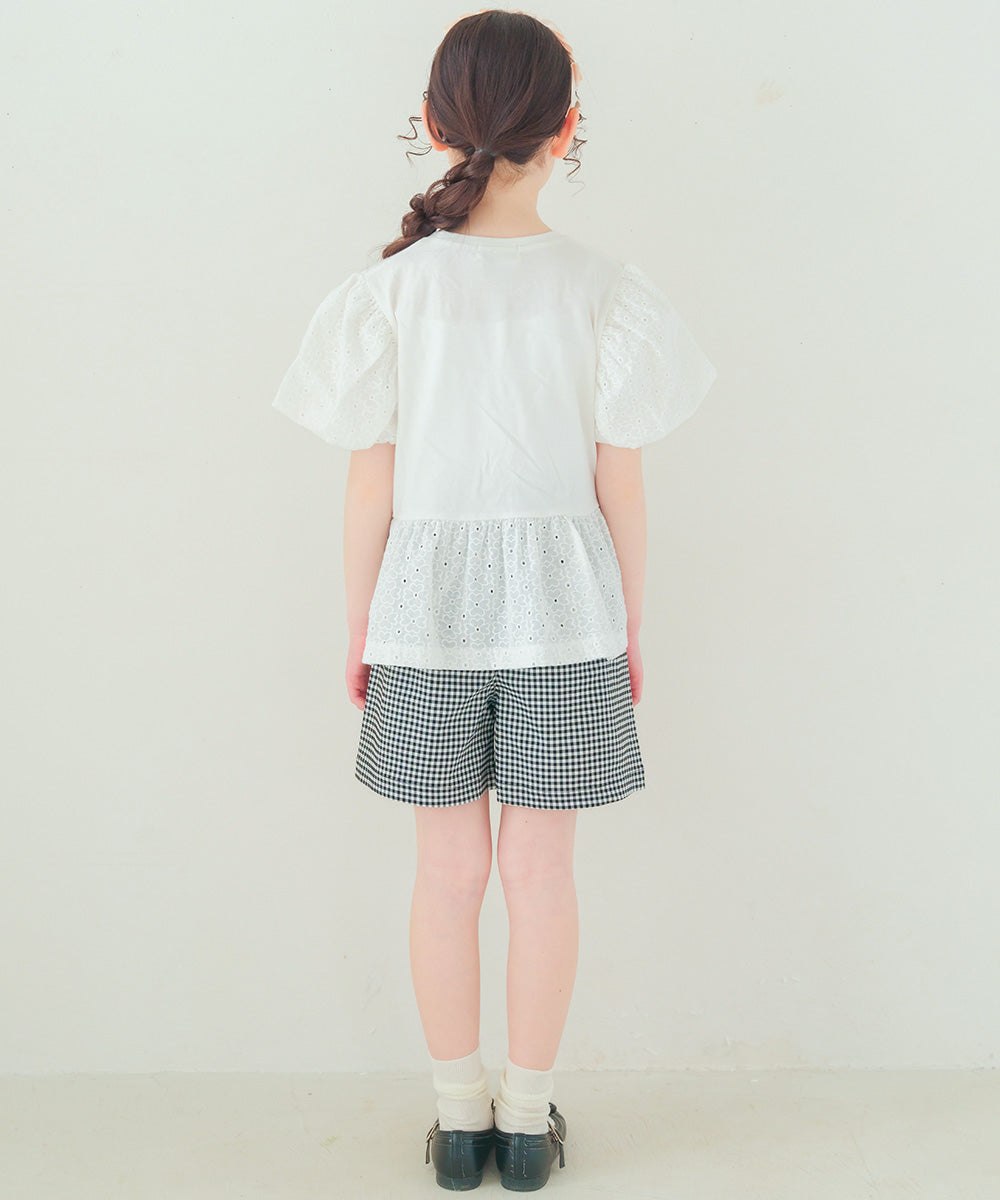 ギンガムチェック リボンつき ストレッチツイルショートパンツ White/Black model image whole body