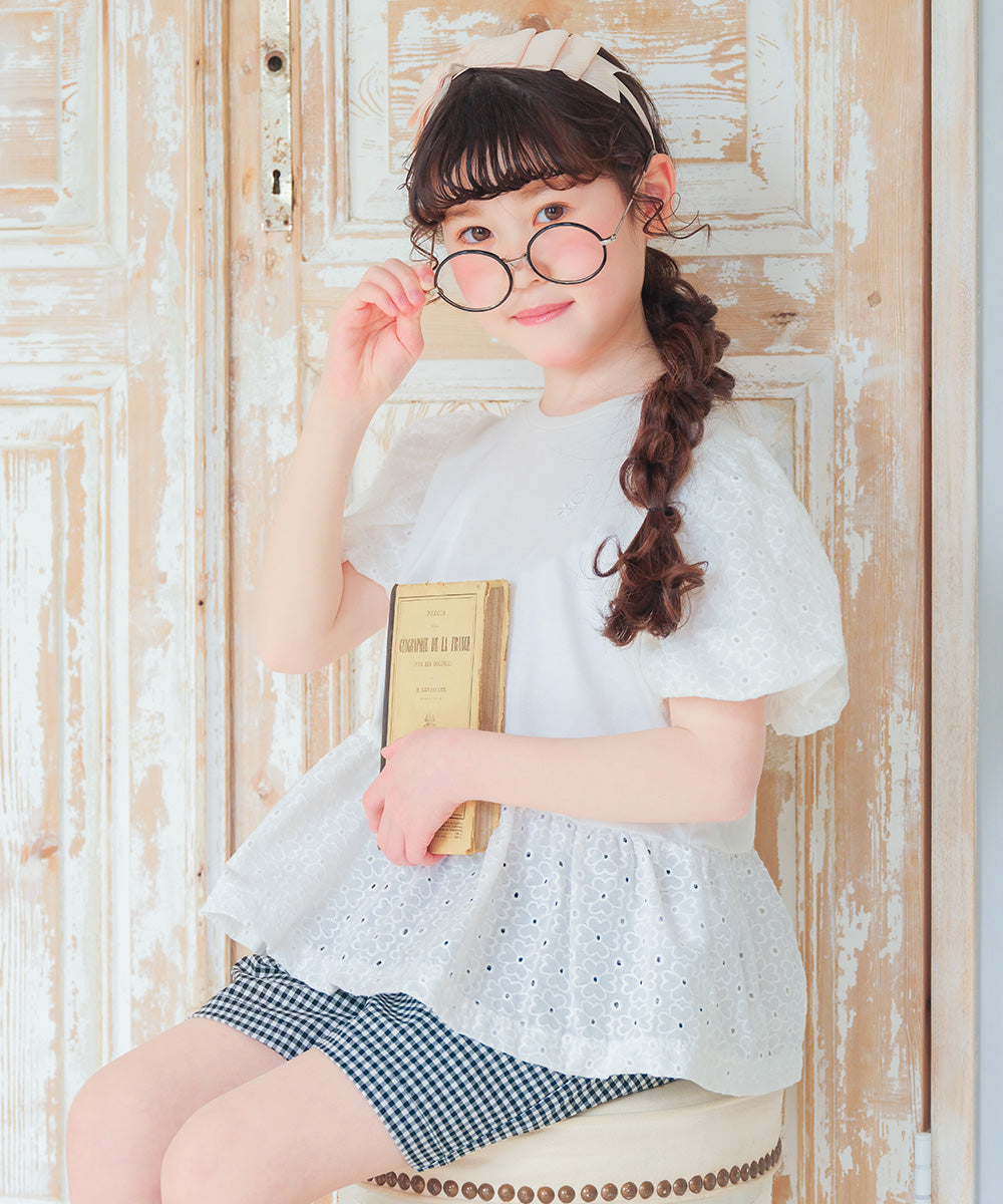 ギンガムチェック リボンつき ストレッチツイルショートパンツ White/Black model image 2