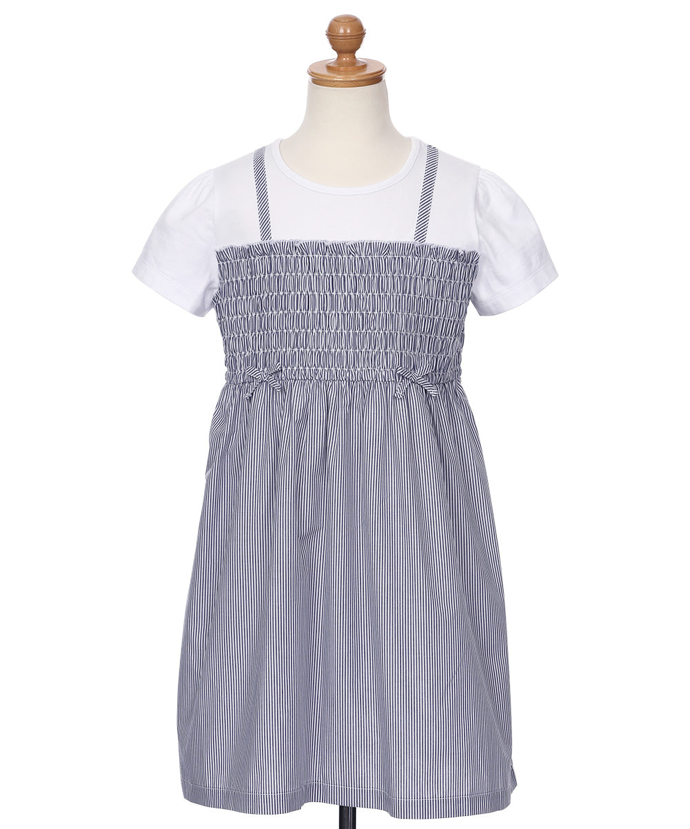 リボンつき ストライプ柄重ね着風ワンピース Navy torso
