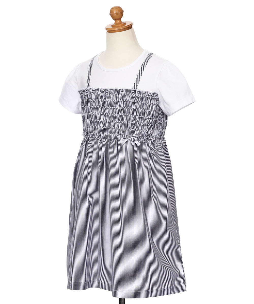 リボンつき ストライプ柄重ね着風ワンピース Navy torso