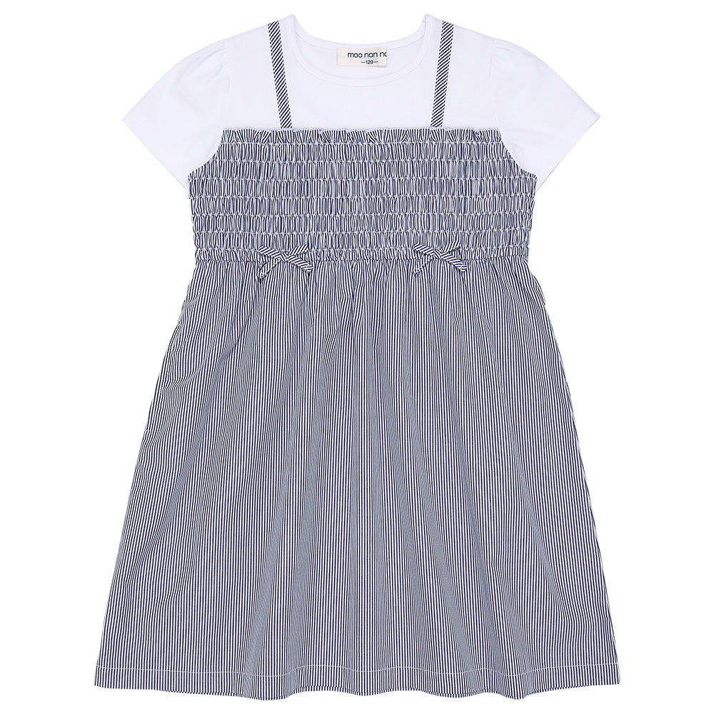 リボンつき ストライプ柄重ね着風ワンピース Navy front