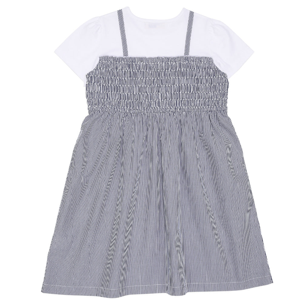 リボンつき ストライプ柄重ね着風ワンピース Navy back