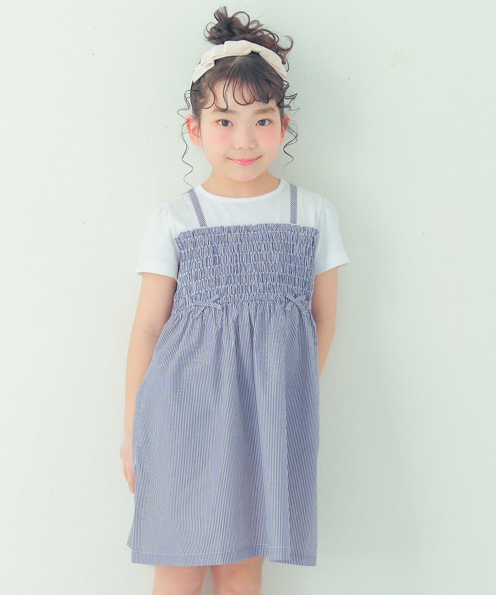 リボンつき ストライプ柄重ね着風ワンピース Navy model image up