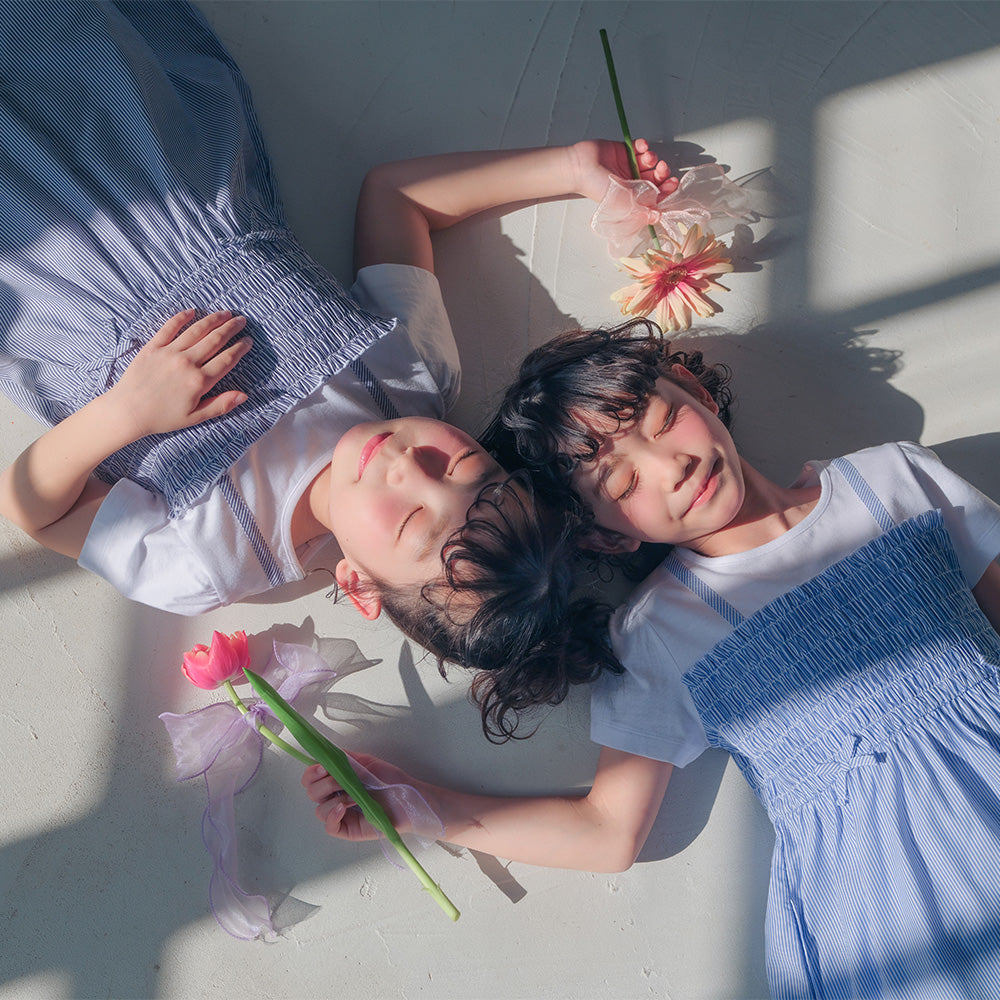 リボンつき ストライプ柄重ね着風ワンピース Navy model image 1