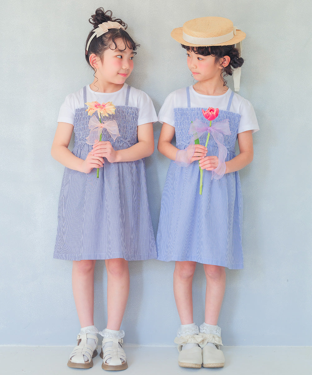 リボンつき ストライプ柄重ね着風ワンピース Navy model image 2