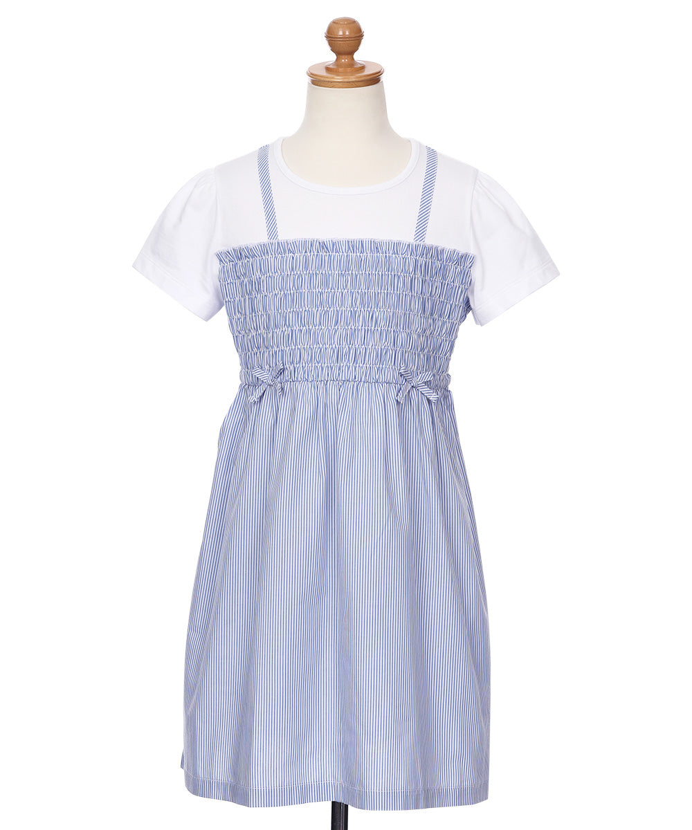 リボンつき ストライプ柄重ね着風ワンピース Blue torso