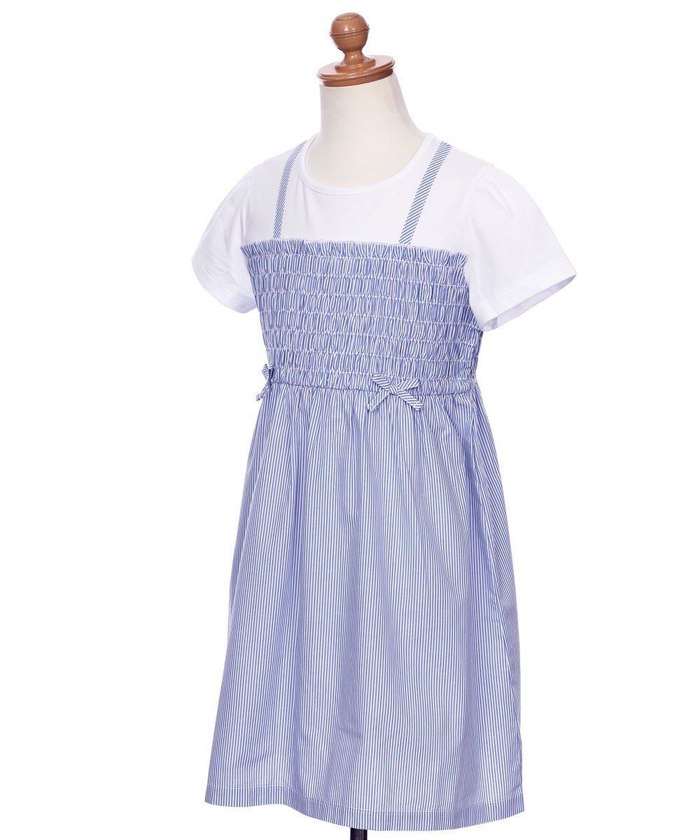 リボンつき ストライプ柄重ね着風ワンピース Blue torso
