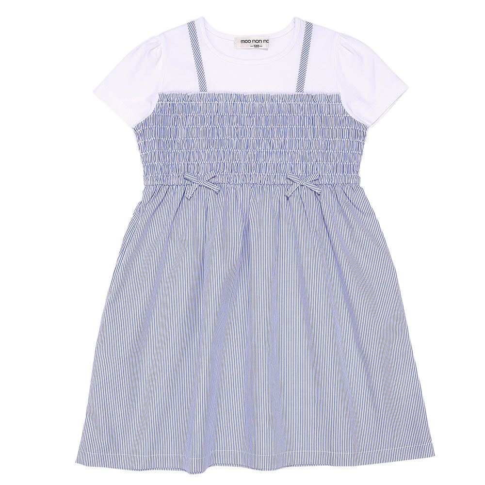 リボンつき ストライプ柄重ね着風ワンピース Blue front