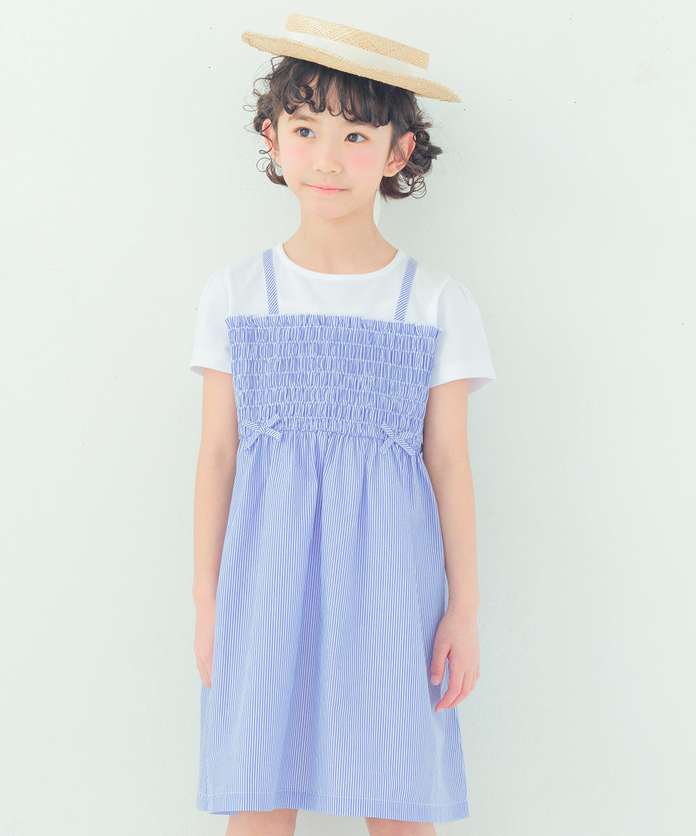 リボンつき ストライプ柄重ね着風ワンピース Blue model image up