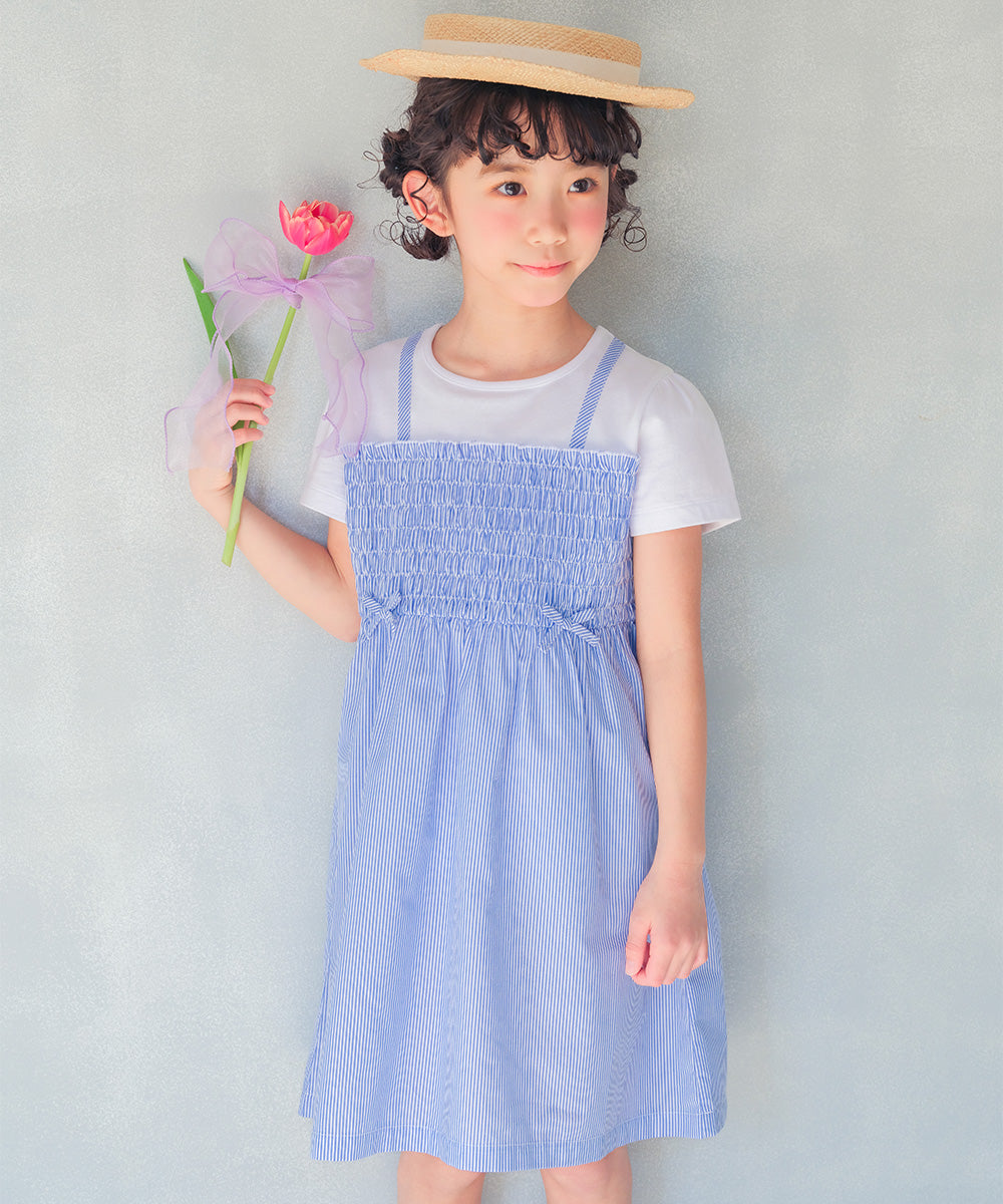 リボンつき ストライプ柄重ね着風ワンピース Blue model image whole body