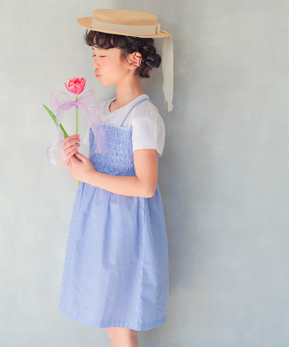 リボンつき ストライプ柄重ね着風ワンピース Blue model image 1