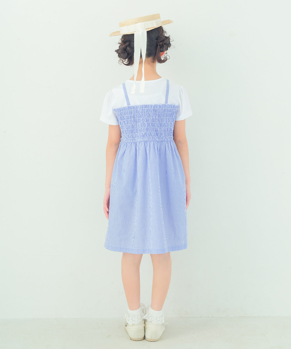 リボンつき ストライプ柄重ね着風ワンピース Blue model image 2