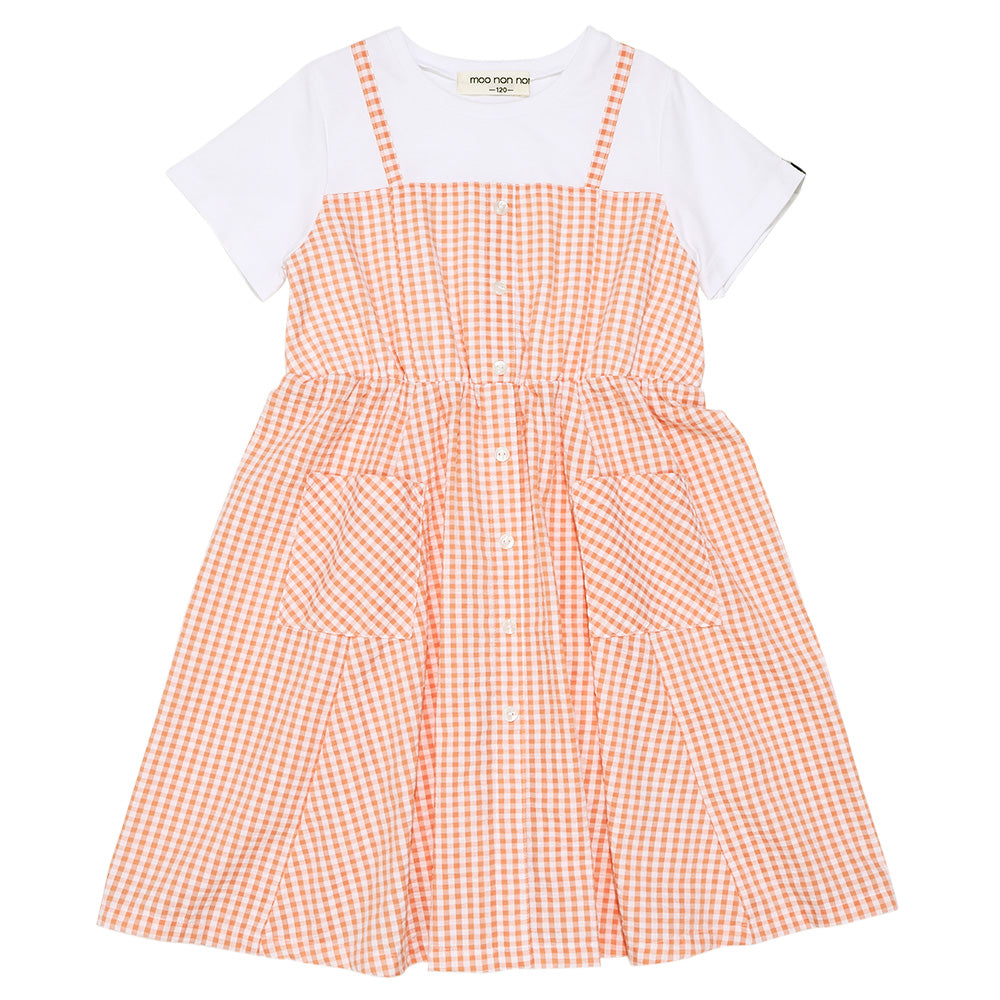 ギンガムチェック柄 重ね着風ワンピース Orange front