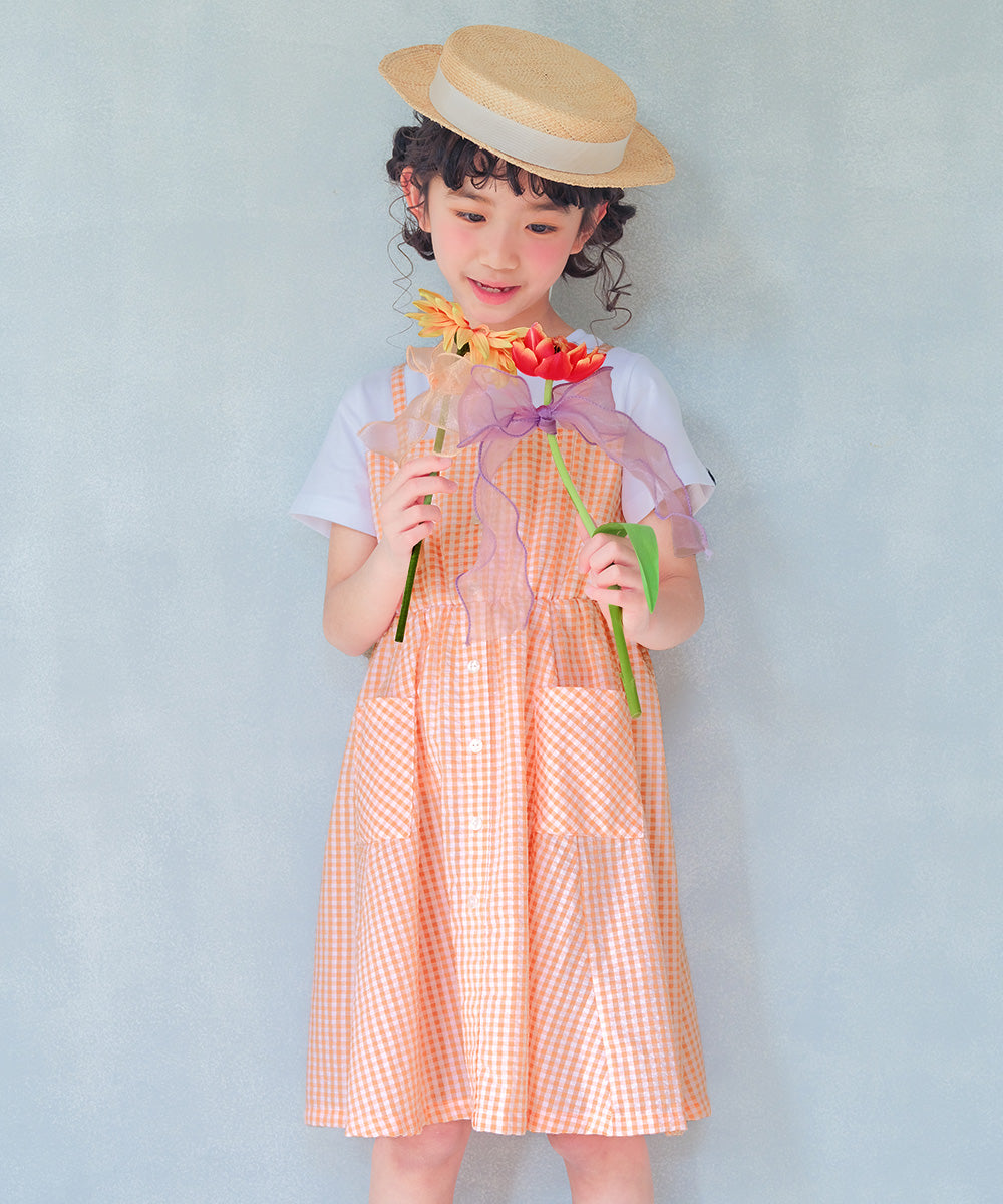 ギンガムチェック柄 重ね着風ワンピース Orange model image up