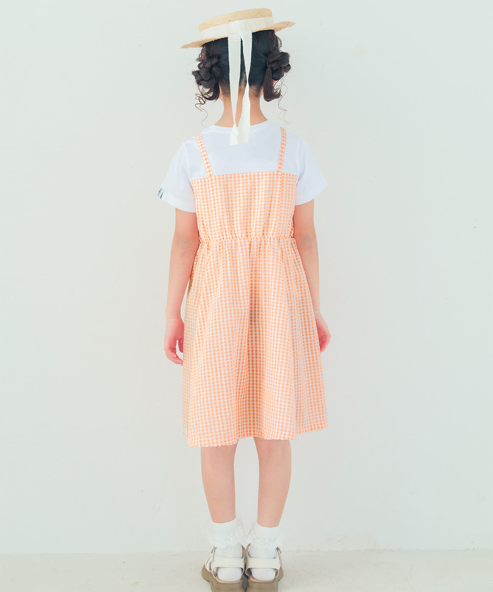 ギンガムチェック柄 重ね着風ワンピース Orange model image whole body