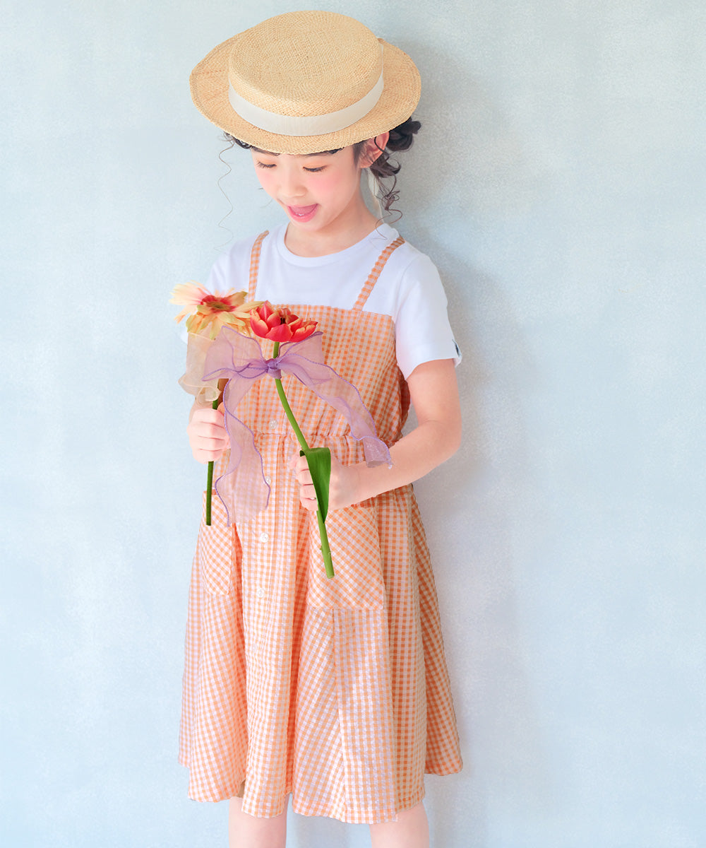 ギンガムチェック柄 重ね着風ワンピース Orange model image 1