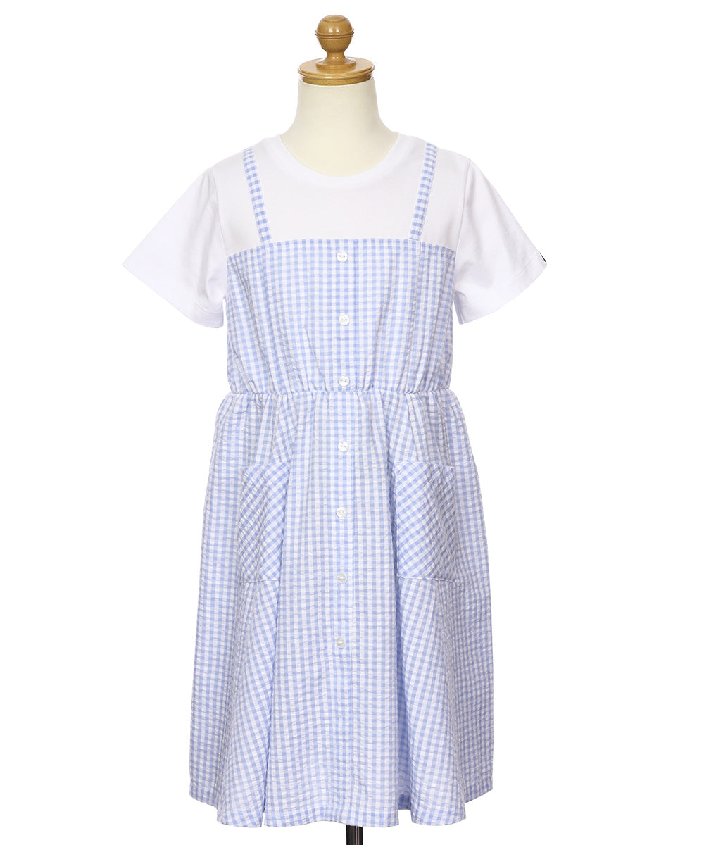 ギンガムチェック柄 重ね着風ワンピース Blue torso