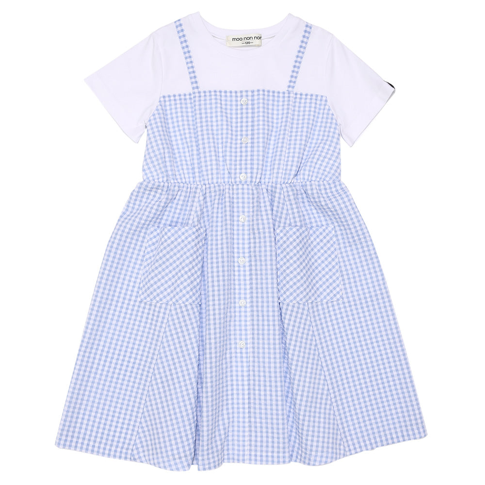 ギンガムチェック柄 重ね着風ワンピース Blue front