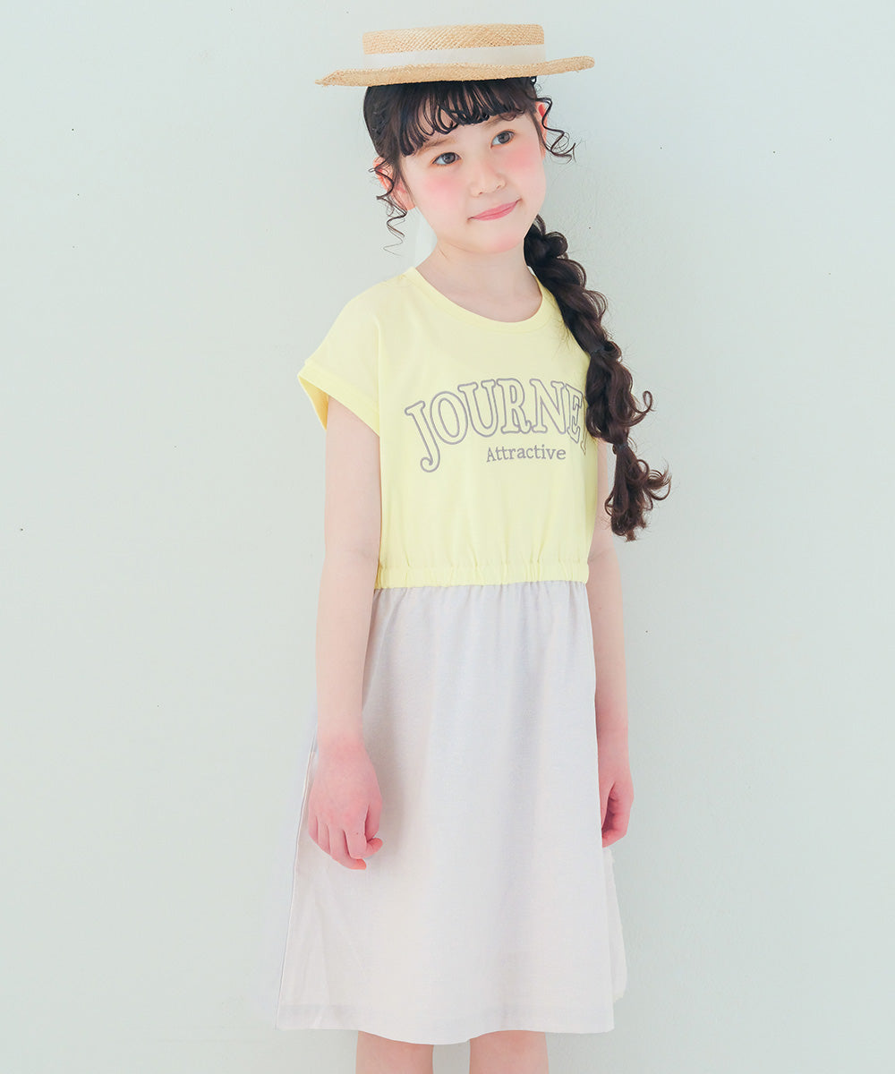 ロゴ刺繍 ギャザードッキングワンピース Yellow model image up