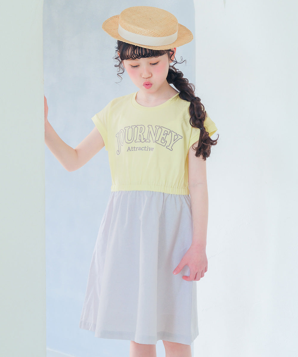 ロゴ刺繍 ギャザードッキングワンピース Yellow model image 1