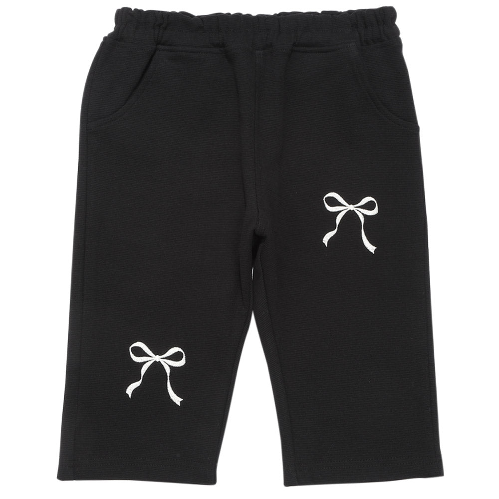 ニットストレッチ リボン刺繍 6分丈パンツ Black front