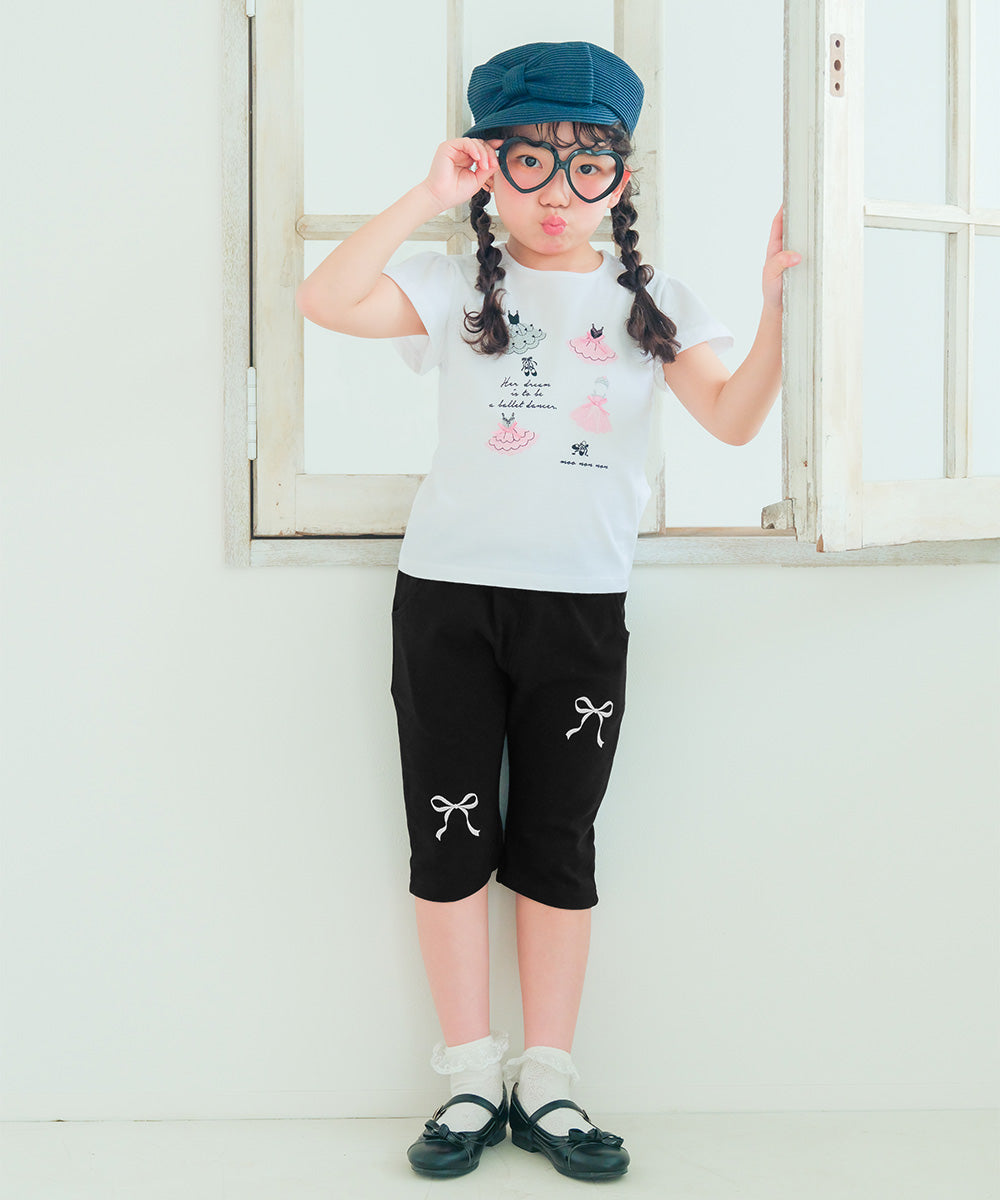 ニットストレッチ リボン刺繍 6分丈パンツ Black model image 1