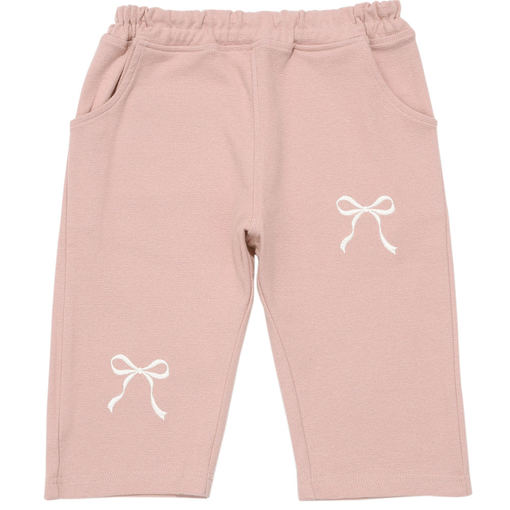ニットストレッチ リボン刺繍 6分丈パンツ Pink front
