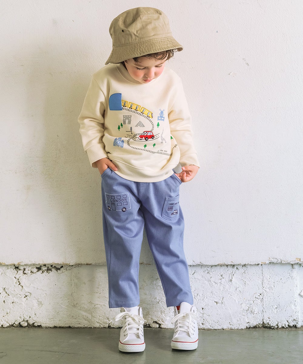 電車 車 刺繍 乗り物 トレーナー Ivory model image whole body