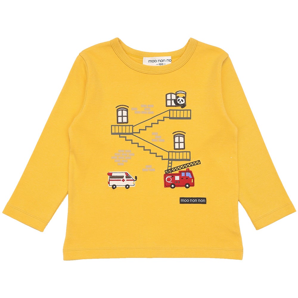 綿100％ 救急車 消防車 乗り物 モチーフ Tシャツ Yellow front