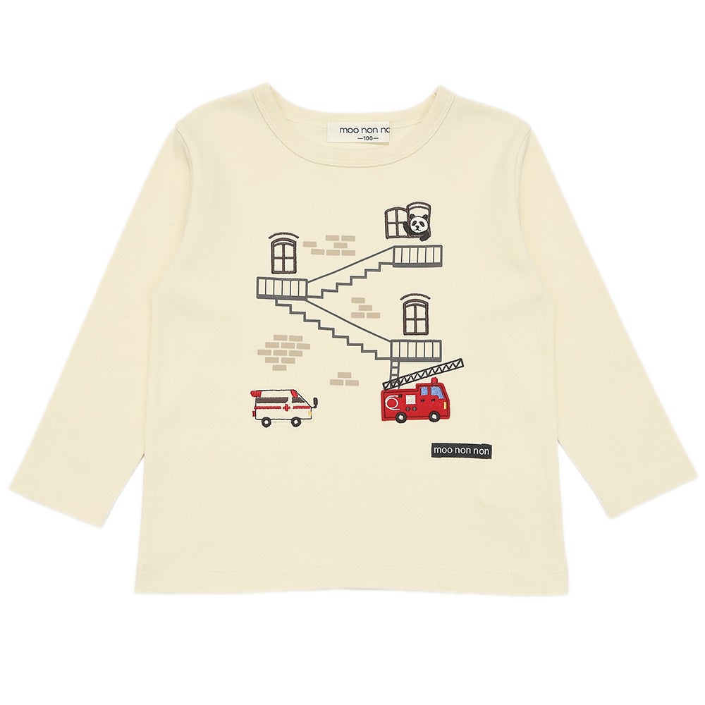 綿100％ 救急車 消防車 乗り物 モチーフ Tシャツ Ivory front