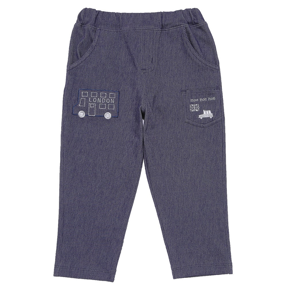 デニムツイルニット  ロンドンバス 刺繍 ストレッチ ロングパンツ Navy front