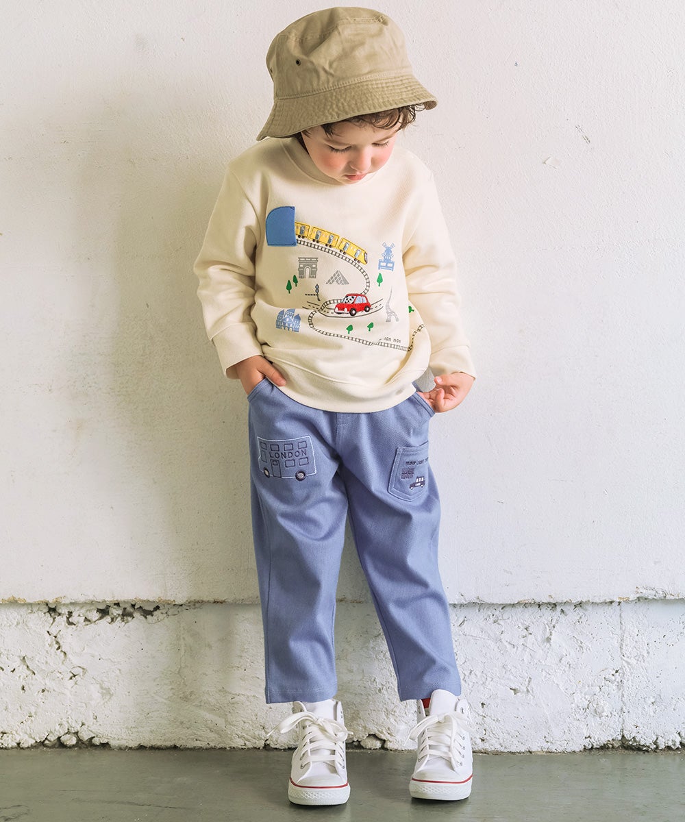 デニムツイルニット  ロンドンバス 刺繍 ストレッチ ロングパンツ Blue model image up