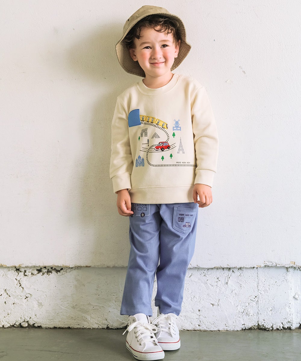 デニムツイルニット  ロンドンバス 刺繍 ストレッチ ロングパンツ Blue model image whole body