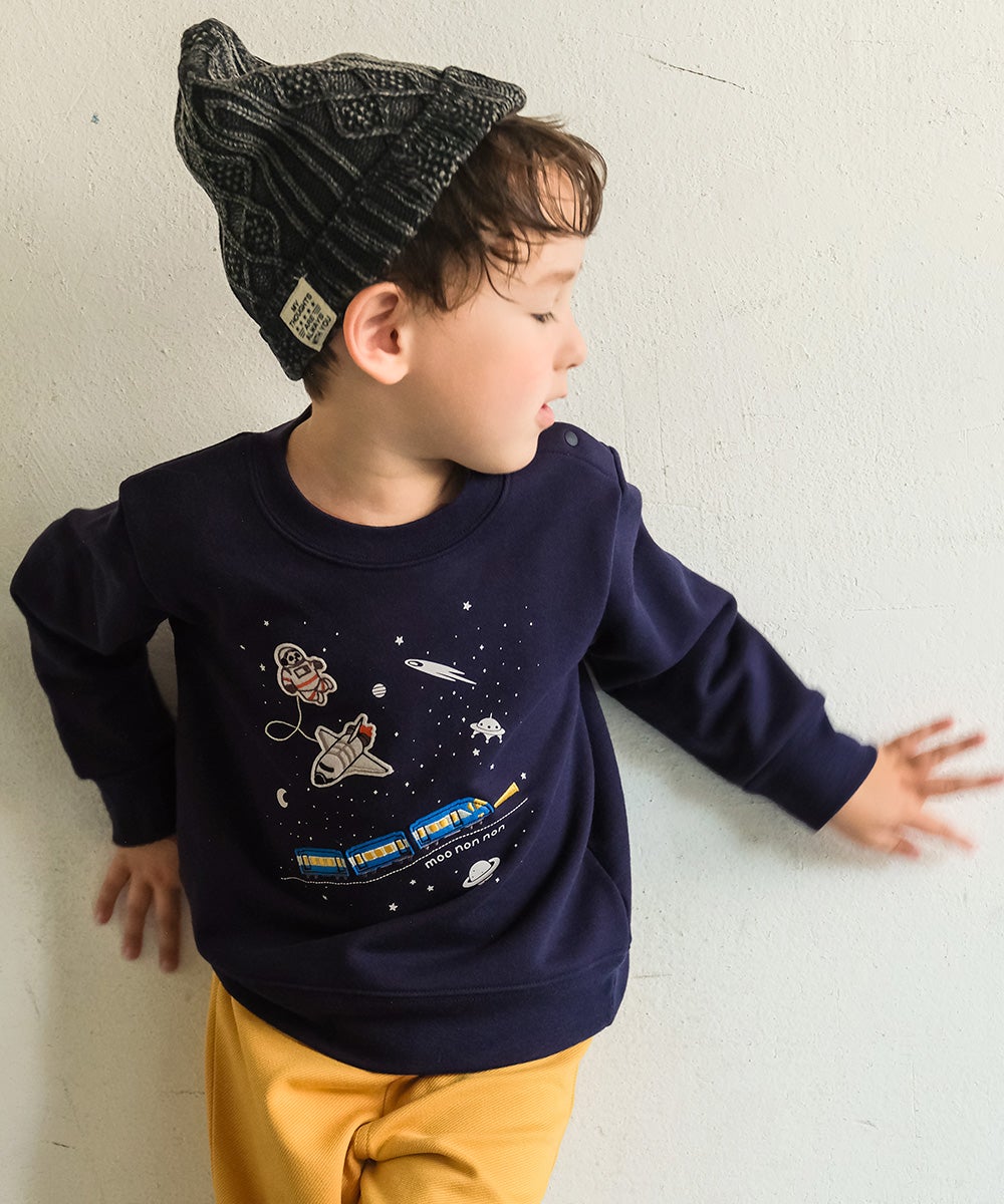 宇宙 電車 乗り物 ワッペン 刺繍 トレーナー Navy model image 1