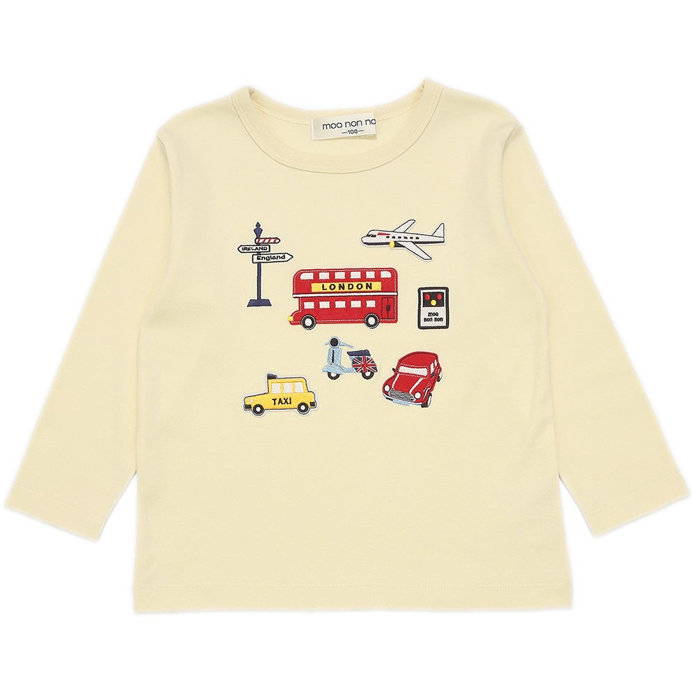 綿100％ ロンドンバス 乗り物 ワッペン Tシャツ Ivory front