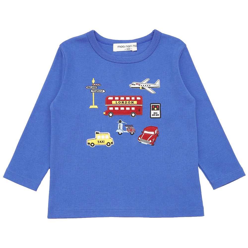綿100％ ロンドンバス 乗り物 ワッペン Tシャツ Blue front