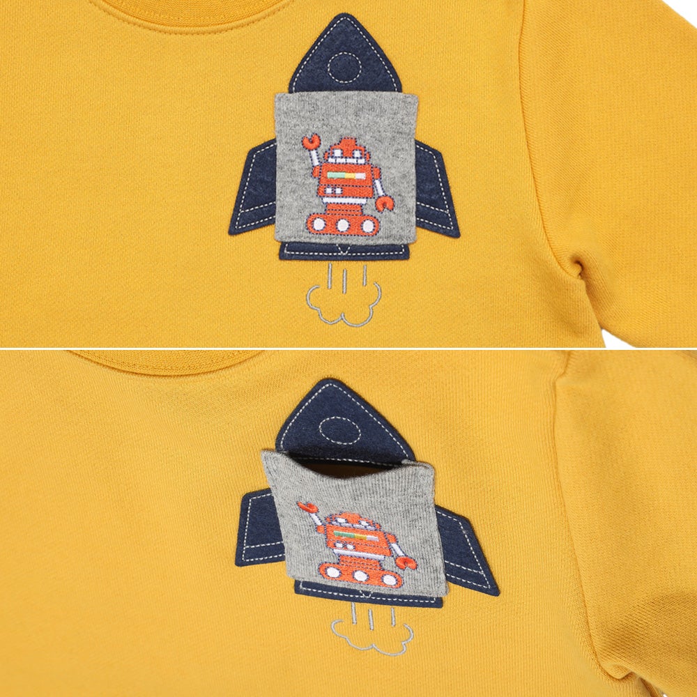 ロケット ＆ ロボット 刺繍 ポケットつき 裏毛トレーナー Yellow Design point 1