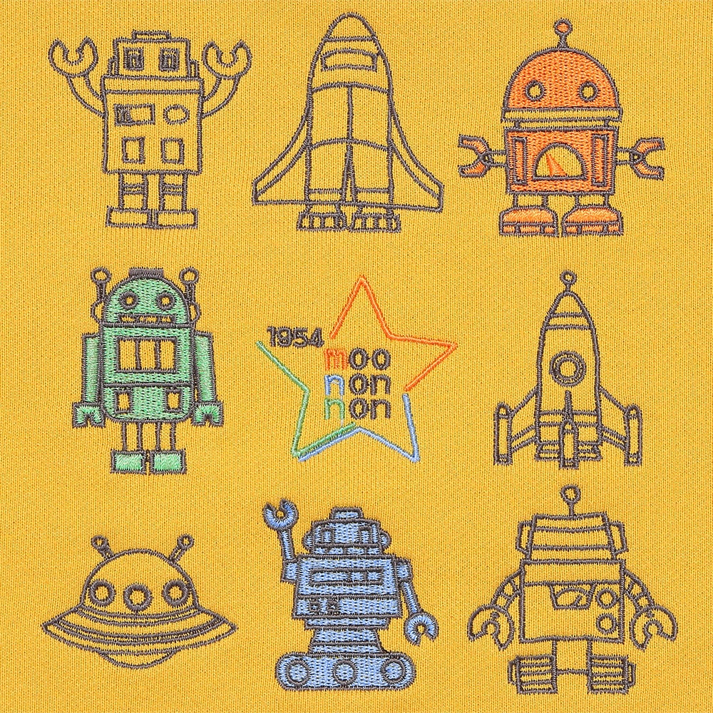 ロケット ＆ ロボット 刺繍 ポケットつき 裏毛トレーナー Yellow Design point 2