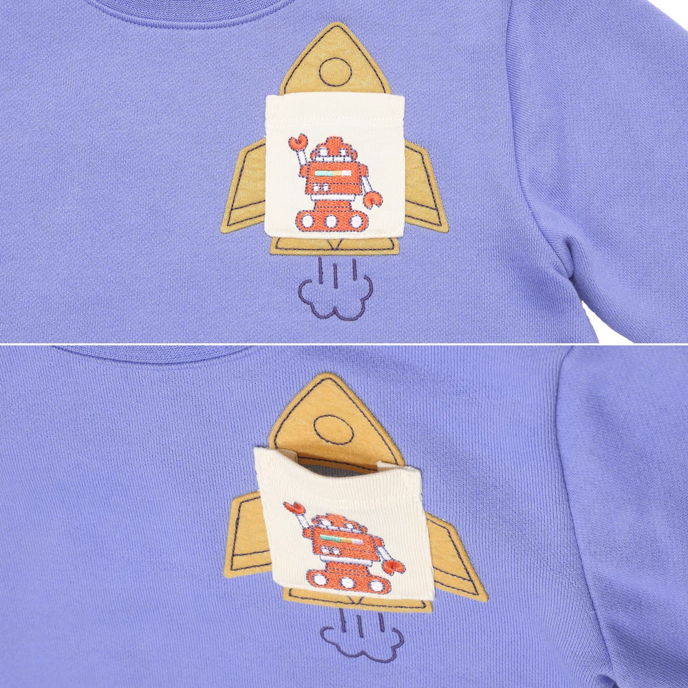 ロケット ＆ ロボット 刺繍 ポケットつき 裏毛トレーナー Blue Design point 1