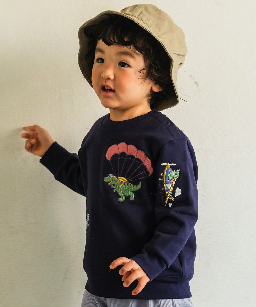 恐竜 刺繍 ダイナソー パラシュート モチーフ トレーナー Navy model image up