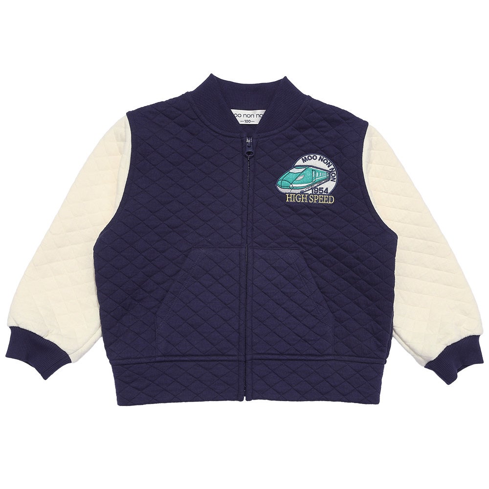 電車 はたらく車 乗り物ワッペン ニットキルトジャケット Navy front