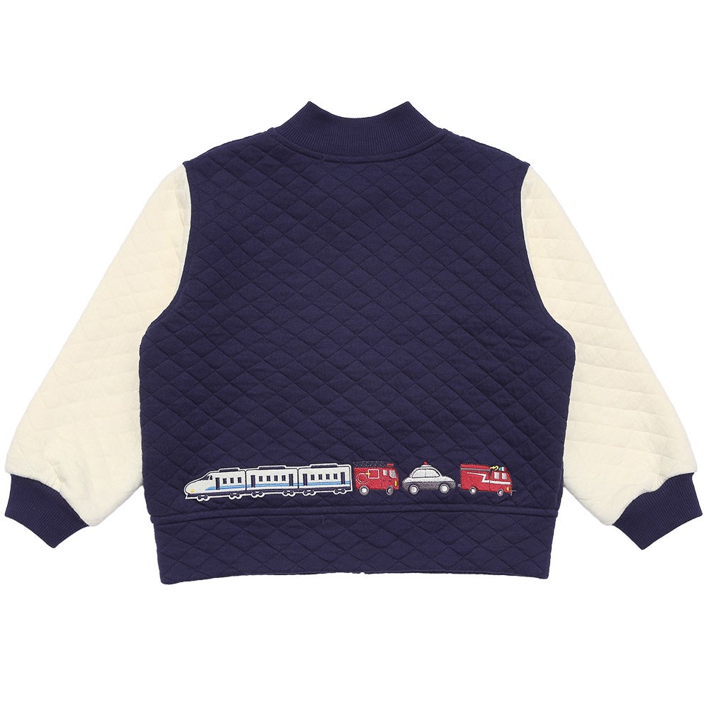 電車 はたらく車 乗り物ワッペン ニットキルトジャケット Navy back
