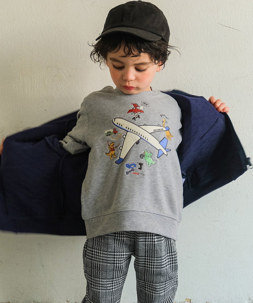 飛行機 カラフル 恐竜 ワッペン 刺繍 乗り物 裏毛トレーナー Misty Gray model image 2