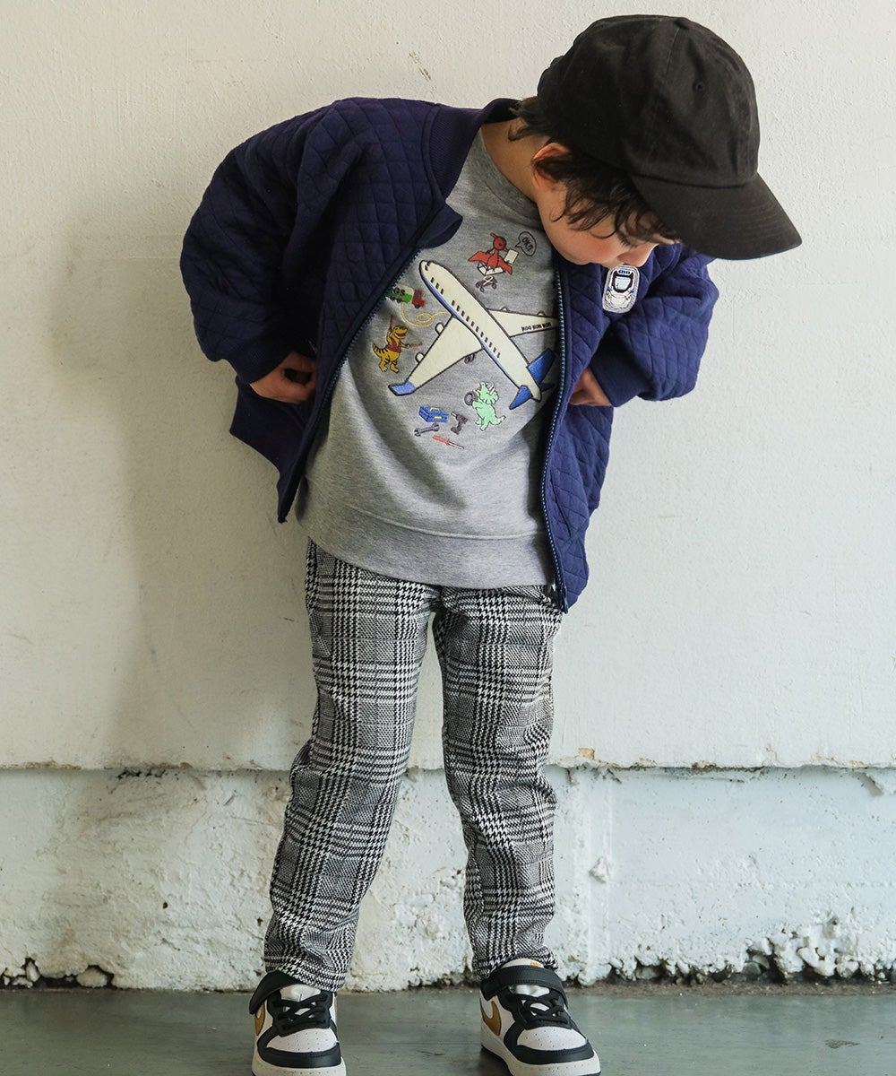 飛行機 カラフル 恐竜 ワッペン 刺繍 乗り物 裏毛トレーナー Misty Gray model image 3