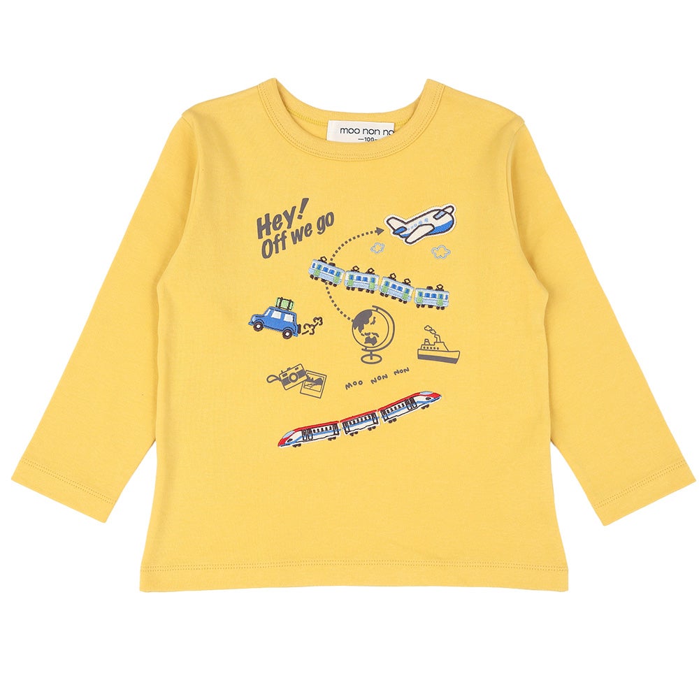 綿100% 電車 刺繍 飛行機 乗り物 ワッペン 長袖 Ｔシャツ Yellow front