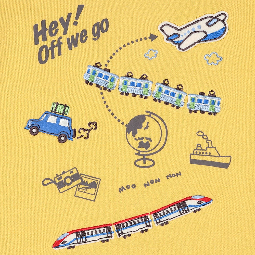 綿100% 電車 刺繍 飛行機 乗り物 ワッペン 長袖 Ｔシャツ Yellow Design point 1