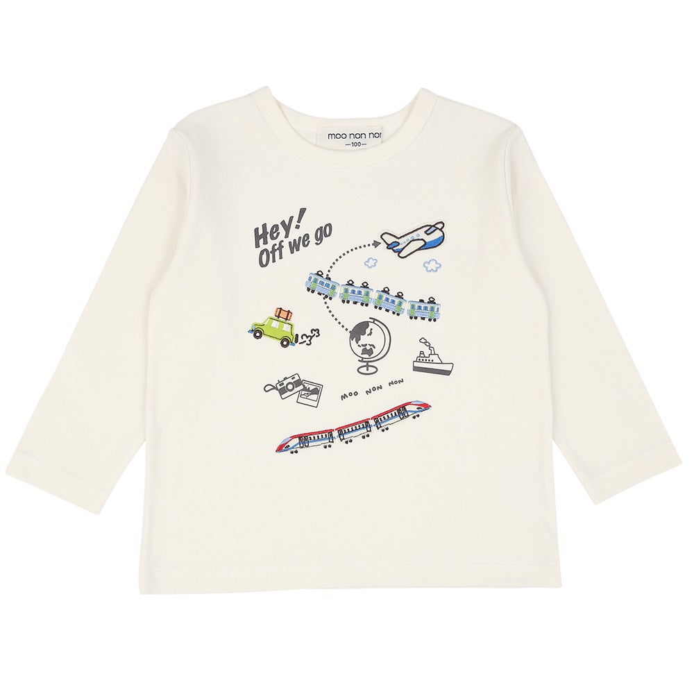 綿100% 電車 刺繍 飛行機 乗り物 ワッペン 長袖 Ｔシャツ Off White front