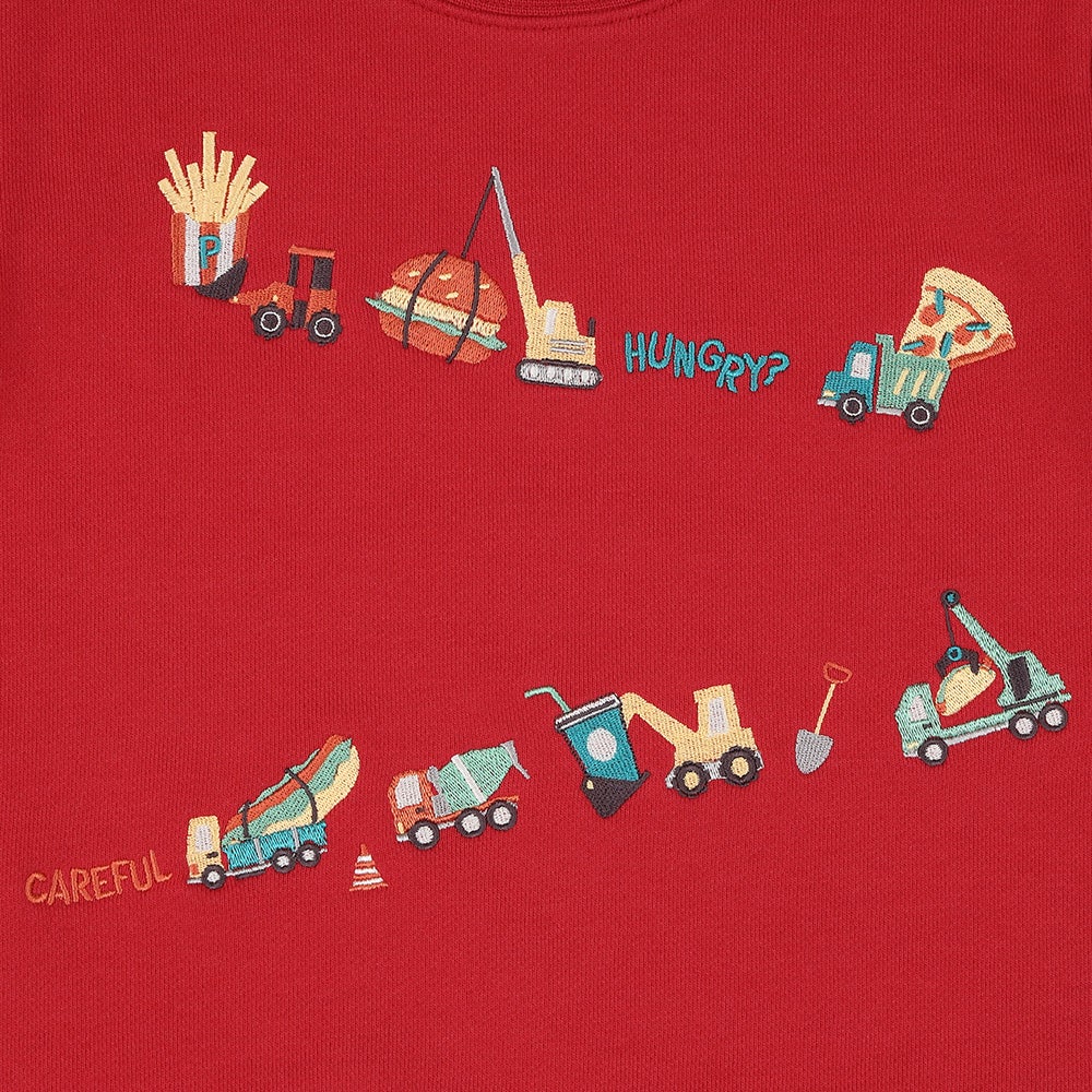 はたらく車 ショベルカー ハンバーガー ロゴ刺繍 乗り物 裏毛トレーナー Red Design point 1