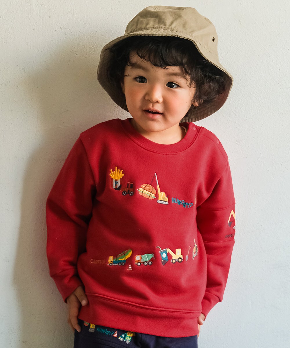 はたらく車 ショベルカー ハンバーガー ロゴ刺繍 乗り物 裏毛トレーナー Red model image up